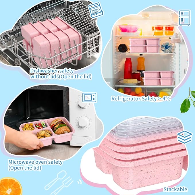Bento Box 4-Pack 5-Compartment Meal Prep Containers, BPA-Free Plastic, Stackable Food Storage Lunch Boxes for Adults and Kids, School Work Travel (Pink)