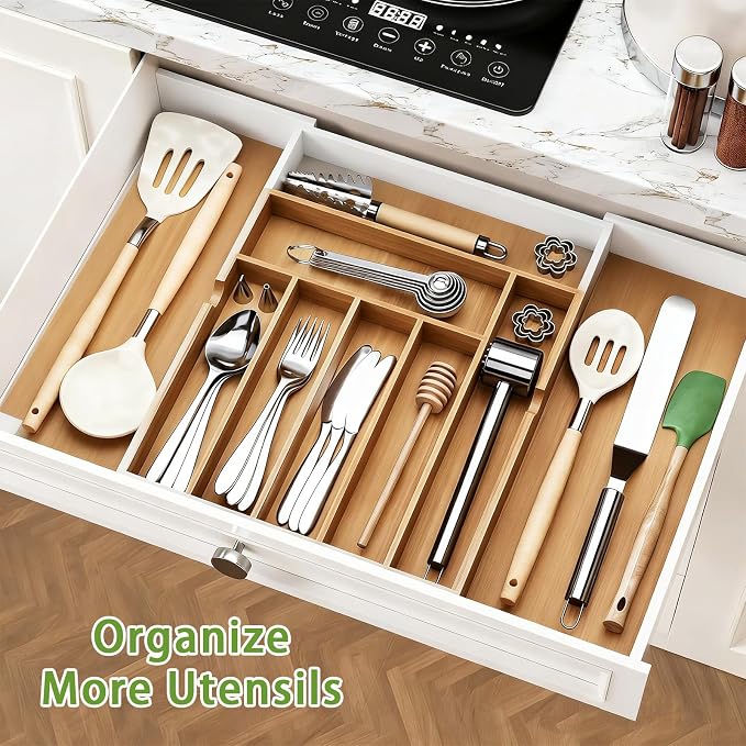 Bamboo Expandable Silverware Drawer Organizer, Adjustable Utensil Tray Cutlery Holder for Kitchen Drawer, Flatware Storage Organizer for Spoons, Forks and Knives, Natural (7 Slot,)
