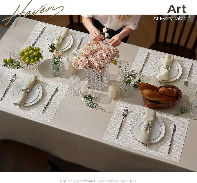 Leetaltree Sparkling White and Silvery Vinyl Woven Placemats Set of 4 - Durable - Washable - Wipeable Dining Table Place Mats, Suitable for Indoor & Outdoor Use - Hand-Cut