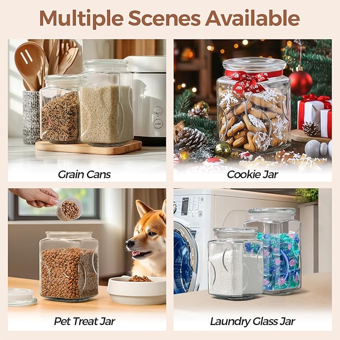 ComSaf 78 oz (2400ml) Square Glass Food Storage Jar with Airtight Lid, Wide Mouth Large Pantry Container for Flour, Sugar, Cereal, Dishwasher Safe, Modern Minimalist Design