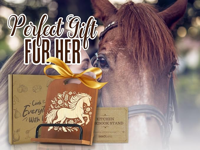 INNObeta Cookbook Stand for Kitchen Counter, Adjustable Tablet Recipe Book Holder, Perfect Gifts for Women, Mom, Grandma on Birthday, Unique Kitchen Decor, Horse