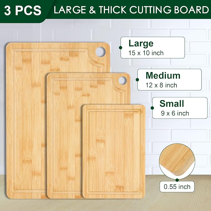 3PCS Bamboo Cutting Board Set - Durable Wooden Cutting Boards with Deep Juice Grooves & Built-in Handles & Hanging Holes, Ideal for Chopping Meat, Vegetables, Dishwasher Safe