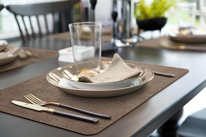 More Décor Faux Leather Placemats Set of 6 for Dining Table – Waterproof, Wipeable, Washable, Stain & Heat Resistant, Non-Slip Table Mats – 12 X 17 Inch, Brown
