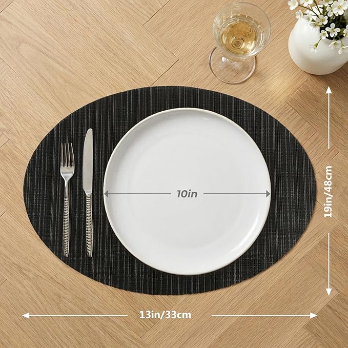AHHFSMEI Oval Placemats Set of 6 Woven Vinyl Non-Slip Heat Resistant Stain Resistant Easy Clean Place mats for Dining Table(Black)