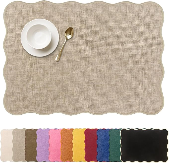AHHFSMEI Faux Linen Placemats Set of 6 Heat Resistant Non-Slip Stain Proof Table Mats for Kitchen Dining Elegant Decor Place Mats (Linen Beige)