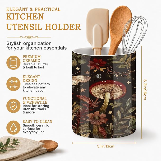 Red Mushroom Utensil Holder for Countertop,Moth Moon Magic Forest Ceramic Utensil Crock Organizer for Home Kitchen Spoons,Spatulas and Cooking Tools