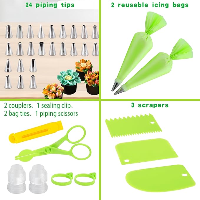 35Pcs Piping Bags and Tips Set with 24 Piping Tips,2 Reusable Pastry Bags 12 Inch,Cake Decorating Tips Set for Diy Pastry Dough, Cookie, Cupcake, Cake