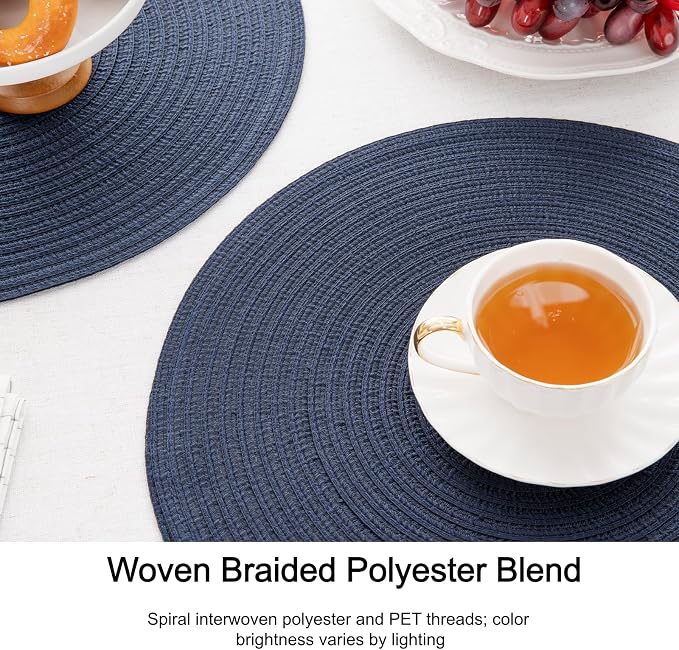 SHACOS Round Placemats Set of 8 Washable 15 inch Round Table Mats Cotton Polyester Woven Braided Place Mats for Dining Table, Navy