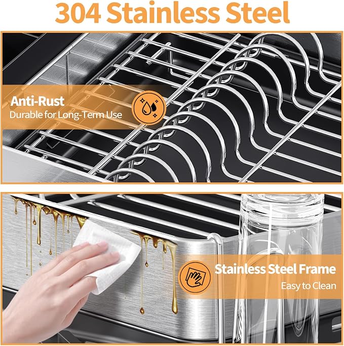 Urackify Large Dish Drying Rack, 304 Stainless Steel Dish Rack for Kitchen Counter, Expandable Dish Drainer with Cutlery Holder, Multifunctional Space Saving Organizer, Black