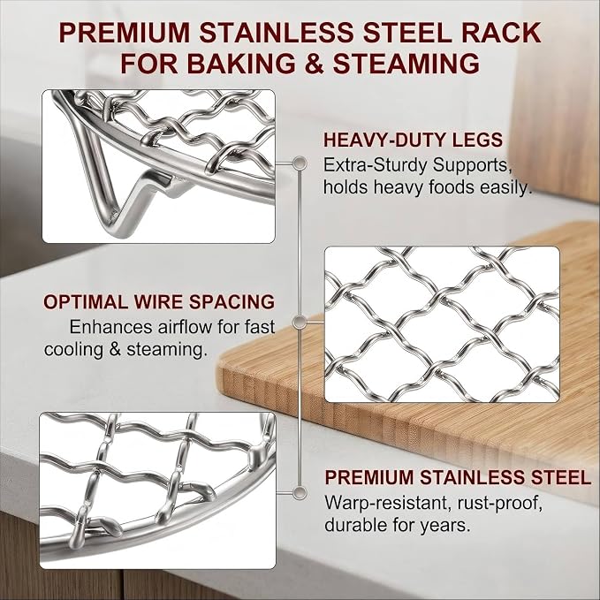 2PCS Small Cooling Rack 8.3 Inch Round Stainless Steel Wire Rack, Steamer Rack for Pots, Air Fryer Rack with Fixed Legs for 6 Qt Multi-Cookers, Oven Safe for Cooling, Roasting and Steaming (8.3 Inch)