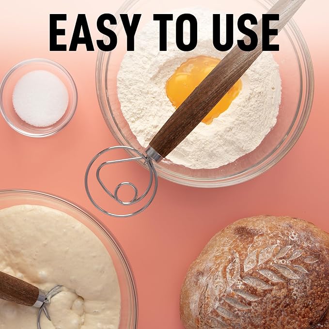 Zulay Kitchen 13 Inch Danish Dough Whisk - Large Wooden Danish Whisk For Dough With Stainless Steel Ring - Traditional Dutch Whisk Baking Tool For Bread, Batter, Cake, Pastry (Ashwood)