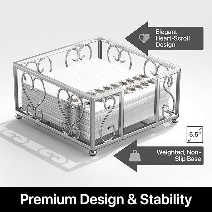 Cocktail Napkin Holder – Flat Napkin Caddy for 5x5 Paper Napkins, Weighted Beverage Napkin Holder for Table or Countertop, Sturdy Square Servilletero for Parties and Events, Home, Bar