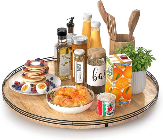 24" Lazy Susan Oak Wood Turntable Organizer for Cabinet, Farmhouse Round Wooden Large Lazy Susan Organization and Storage for Dining Table, Pantry, Kitchen, Countertop, Cupboard, Home Decor
