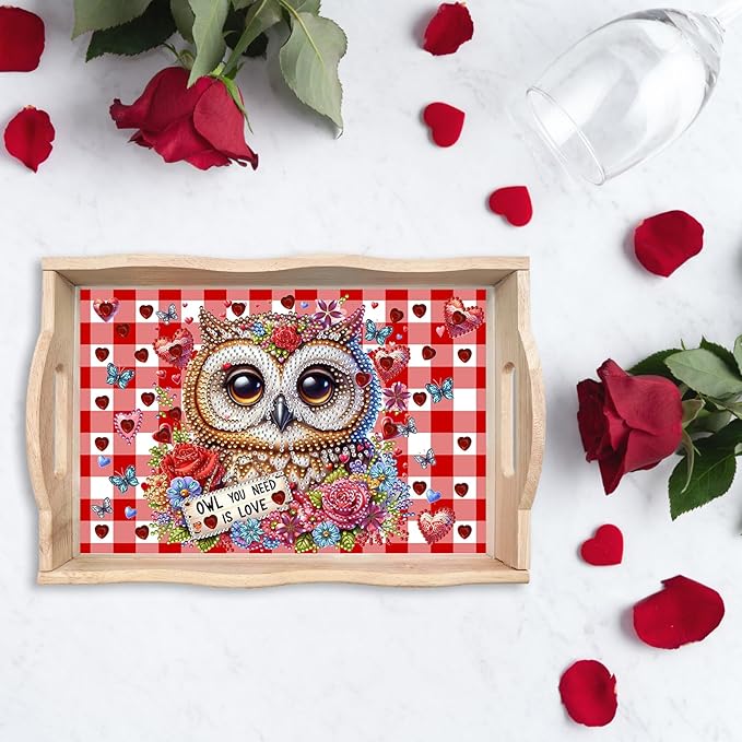BAYUNOE DIY Diamond Serving Tray Rectangular Breakfast Tray with Handle Handmade Diamond Art Painting Wooden Tray Valentine's Day Red Plaid Dinner Plate Coffee Room Living Home Organizer-Owl