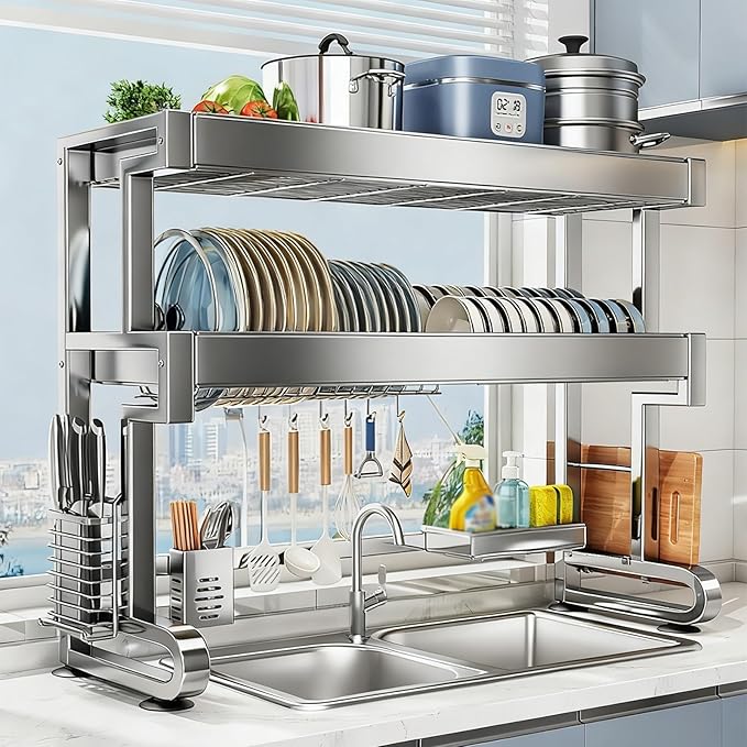 Over The Sink Dish Drying Rack, 304 Stainless Steel 2 Tier Racks, Multifunctional Kitchen Storage Organizers, for Dishes, Glasses, Bowls & Cutlery(76cm/29.9in)