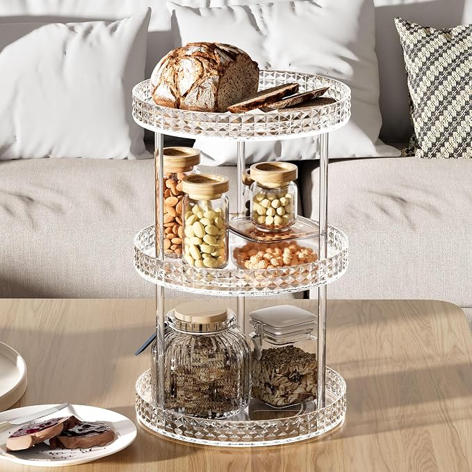 3Tier Diamond Lazy Susan Bathroom Countertop Organizer, 360° Clear Rotating Makeup Cosmetic Perfume Storage Tray, Spinning Vanity Organizer Shelf for Bathroom Cabinet, Dresser, Kitchen(Large)