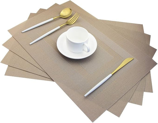 PIGCHCY Placemats,Heat Resistant Non Slip Durable Plastic Place Mats,Washable Easy to Clean Woven Vinyl Kitchen Placemats for Dining Table Set of 4 (Champagne)