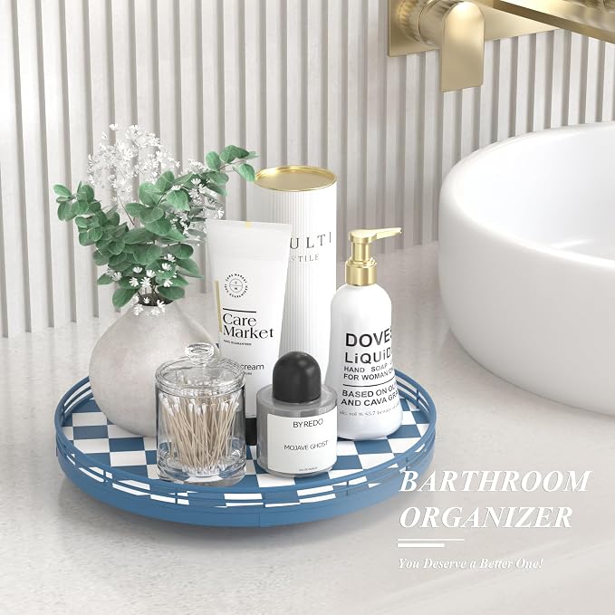 Premium Rubber Wood Lazy Susan Turntable, Blue White Checkerboard Decorative Serving Tray, Hand-Welded Metal Railing, Stable Rotating Organizer for Dining Table, Kitchen Counter, Coffee Table Decor