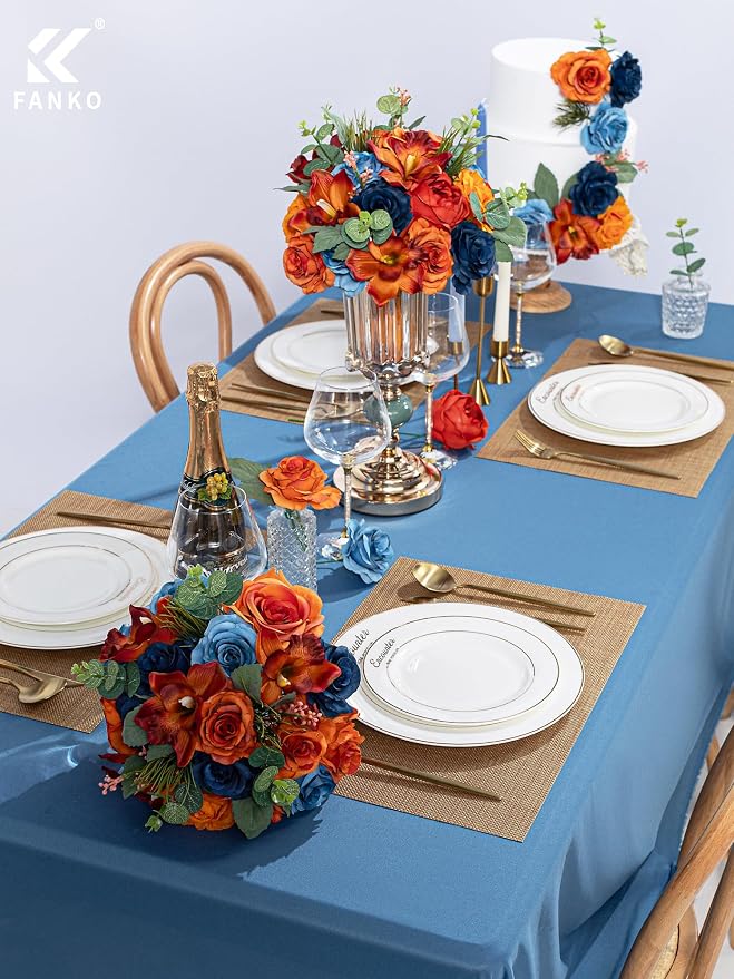 FANKO Artificial Flowers for DIY, Dusty Blue Navy Burnt Orange Faux Flowers Bouquet, Fake Rose Lily Silk Flowers for Vase, Home Decor, Celebrations, Summer Wedding, Rustic Events, Party