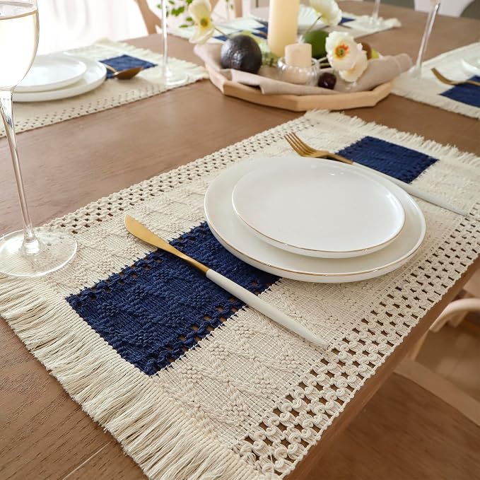 Boho Placemats Set of 6 Macrame Table Decor with Fringe Farmhouse Woven Placemats in Natural Burlap for Kitchen and Dining Table Centerpiece Home Decorations, Navy Blue