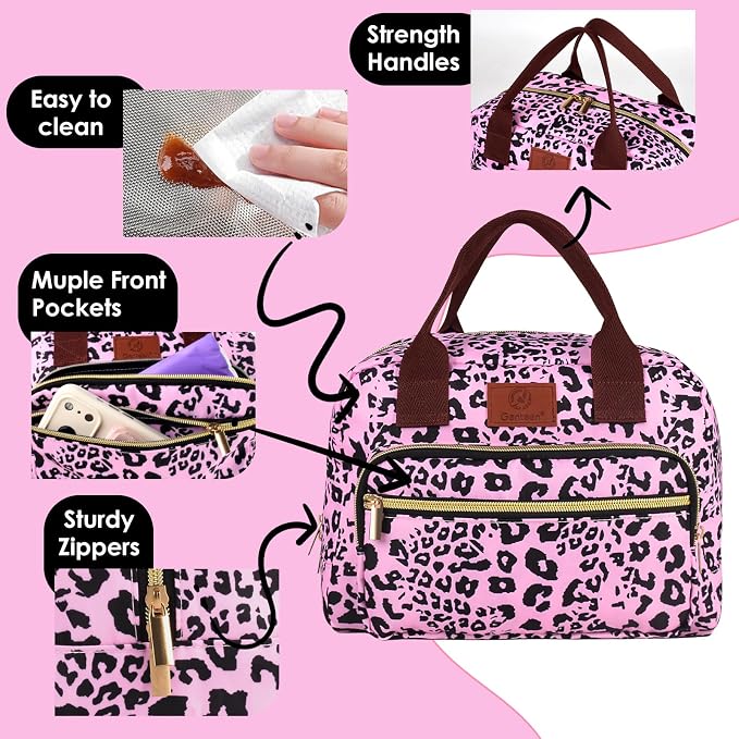 Insulated Lunch box for Women,Leakproof Quilted Thermal Lunch Bag, 14L Large Capacity Lunch Tote Bag Lightweight LunchBox Cooler for Work, School, Picnic or Travel with 2 Front Pocket-Leopard print