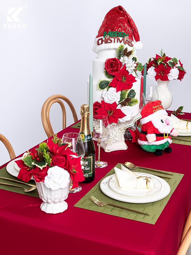 FANKO Artificial Flowers for DIY, Red White Faux Flowers Christmas Style Bouquet, Fake Rose Poinsettias Silk Flowers for Vase, Home Decor, Rustic Wedding, Party, Themed Birthday