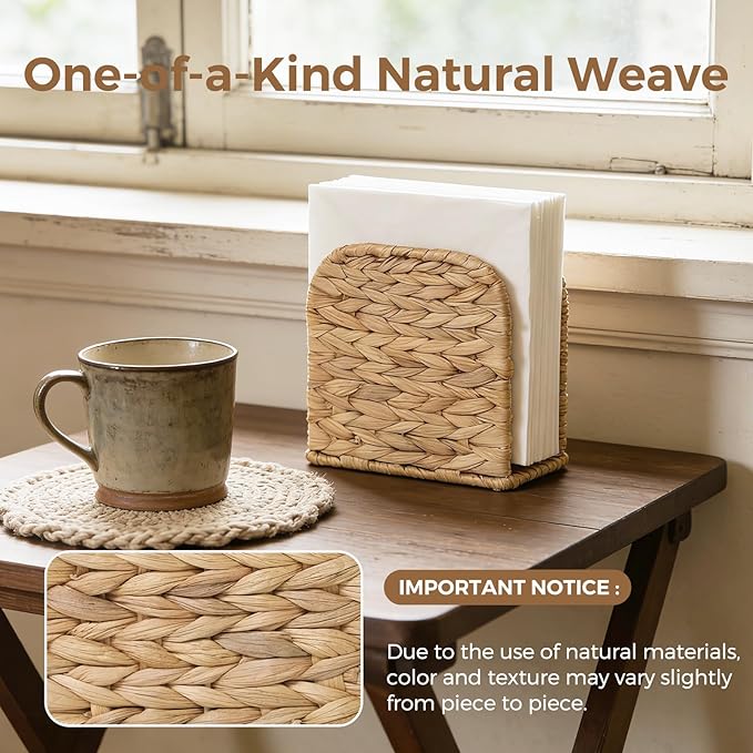 2 Pack Water Hyacinth Napkin Holder for Table, Handwoven Wicker Upright Napkin Holder, Boho Farmhouse Paper Napkin Holder for Kitchen Countertop Dining Room Party