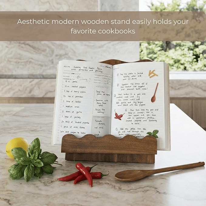 Beautiful Wooden Cookbook Stand for Your Kitchen Counter – Solid Wood Scalloped Book Holder Keeps Cookbooks & Tablets Open, Stable 2-Piece Slot Design, Easy-Clean, Perfect for Everyday Cooking