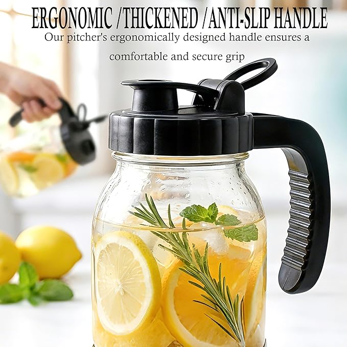 Glass Mason Jars Pitcher Half Gallon With Pour Spout Lid (2 Set) 2 Quart Wide Mouth Fridge Breast Milk Pitcher Airtight Leak Proof 64 oz Jug With Top Flip Cap For Cold Brew Coffee, Iced Tea, Beverage