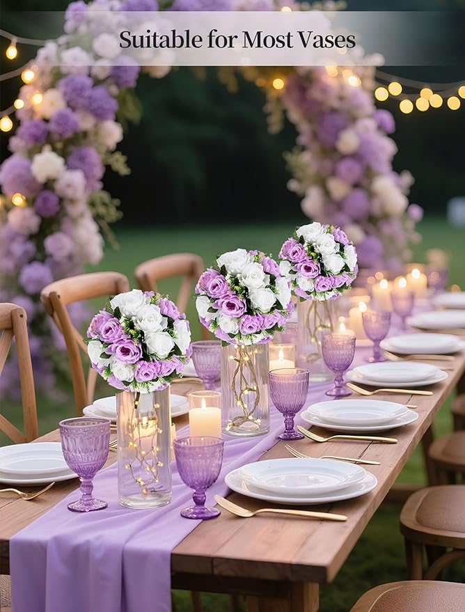 BLOSMON Lilac Flowers Balls for Centerpieces: 10 Pcs Purple White Fake Roses Flower for Wedding Table - Artificial Silk Kissing Bouquet Floral Arrangement Center for Home Party Event Decor | Purple White artificial Floral Arrangement for Wedding - Faux...