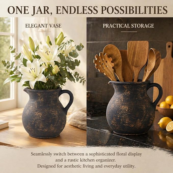 Rustic Kitchen Utensil Holder,7.6 Inch Large Ceramic Utensil Crock for Countertop, Vintage Kitchen Counter Decor,Home Decor,Stunning Ceramic Vase(Black Copper)