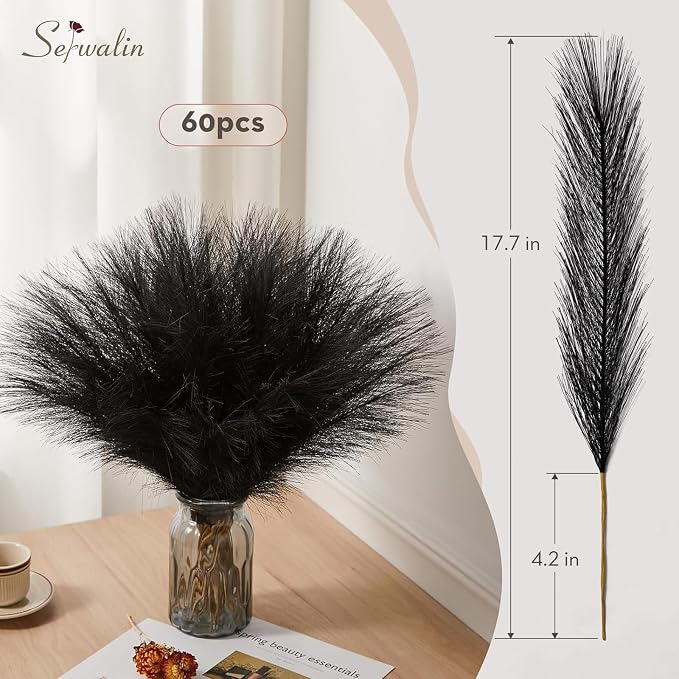 Serwalin 60Pcs Black Pampas Grass Decor, 17.7'' Faux Pampas Grass, Fluffy Short Artificial Pompous Grass for Gothic Room Decoration, Wedding, Party, Halloween and Home Decor