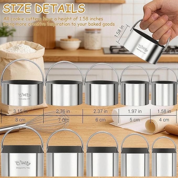 Cookie Biscuit Cutters for Baking Set of 10 pcs, Square and Round Cookie Biscuit Cutters Set with Handle, Small Cookies Biscuits Pastry Brownie Cutter Cake Cutter Tool