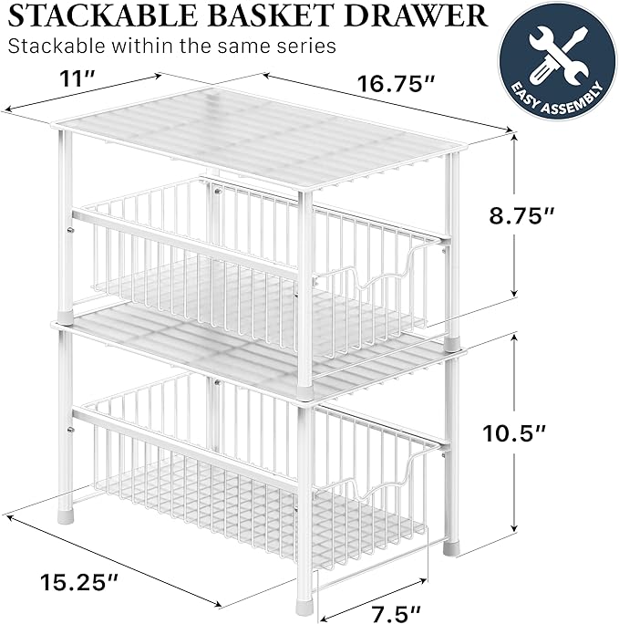 Simple Houseware Stackable Under Sink Cabinet Sliding Basket Organizer Drawer, White