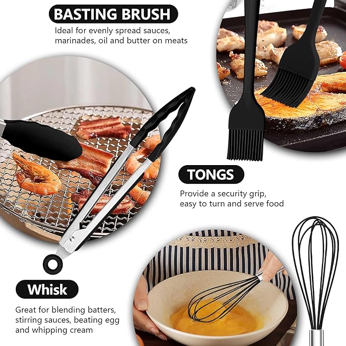 TeamFar Kitchen Utensil Set of 14, Silicone Cooking Utensil Set with Stainless Steel Handle, for Frying Serving Flipping Draining, Non-toxic & Heatproof, Nonstick & Dishwasher Safe - Black