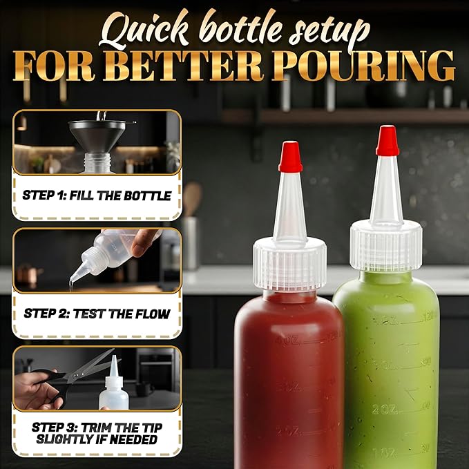 6 Pcs Plastic Squeeze Bottles for Sauces 4 oz (120 ml) - Reusable Condiment Squirt Bottles Set with Cuttable Fine Tip - for BBQ, Picnics, Camping, Pancake Batter, Syrup, Oils, Salad Dressings & Crafts