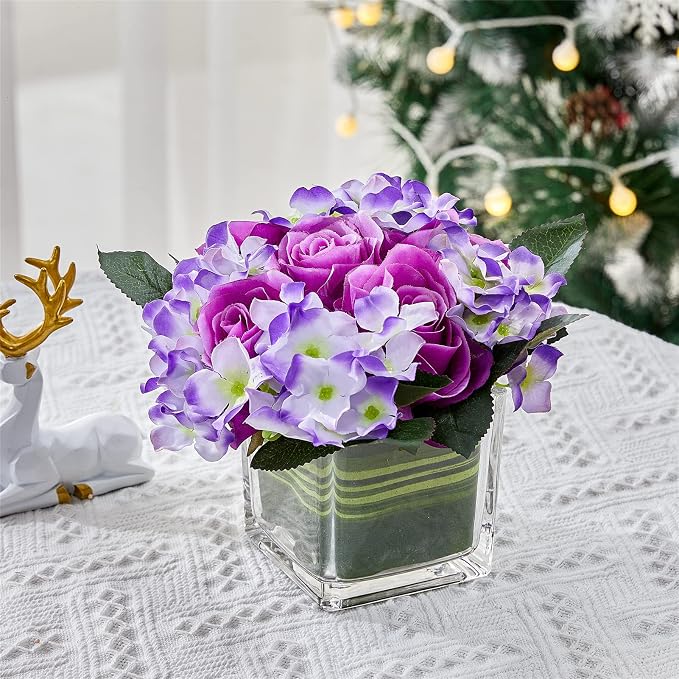 Fule Artificial Silk Rose Flower Centerpiece Arrangement in vase for Home Wedding Decoration (Light Purple)