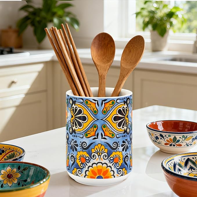 FYSUIMU Mexican Utensil Holder for Counter Cinco De Mayo Talavera Pottery Kitchen Decor Vintage Utensil Crock Ceramic Mexico Decor for Home Kitchen Countertop Storage Container Vase Spatula Holder