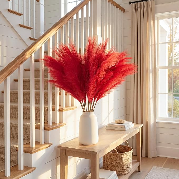 ZIFTY Boho Decor 7-Pcs 38"/3.1FT Faux Pampas Grass Large Tall Fluffy Artificial Fake Flower Bulrush Reed Grass for Vase Filler Farmhouse Home Wedding Decorations (Red)