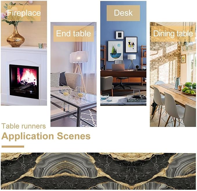 Marble Table Runner, Black Grey and Gold Abstract Modern Luxury Texture Printed Linen Table Runners for Farmhouse Kitchen Dining Room Party Holiday Decor 13" W x 72" L