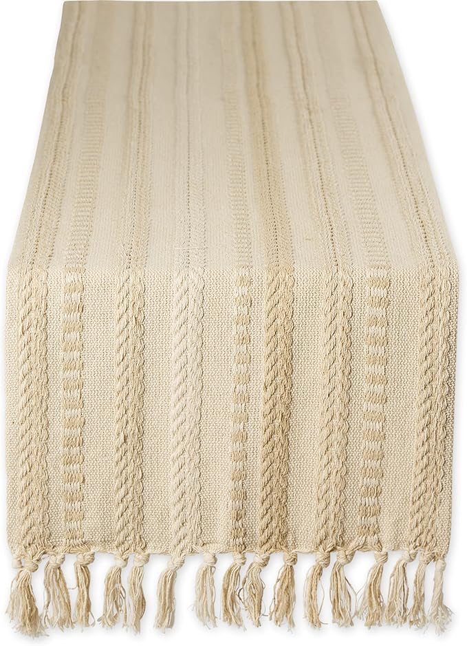 DII Farmhouse Braided Stripe Table Runner Collection, 15x72 (15x77, Fringe Included), Vintage Linen