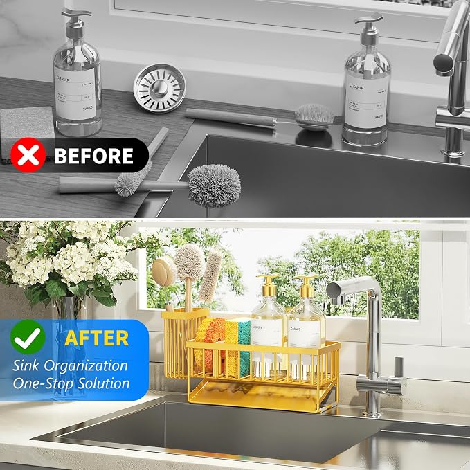 Cisily Lemon Yellow Sink Caddy Organzier with High Brush Holder, Sponge Holder for Sink, 304 Rustproof Stainless, Kitchen Countertop Soap Dispenser Organizer, Lemon Kitchen Decor and Accessories