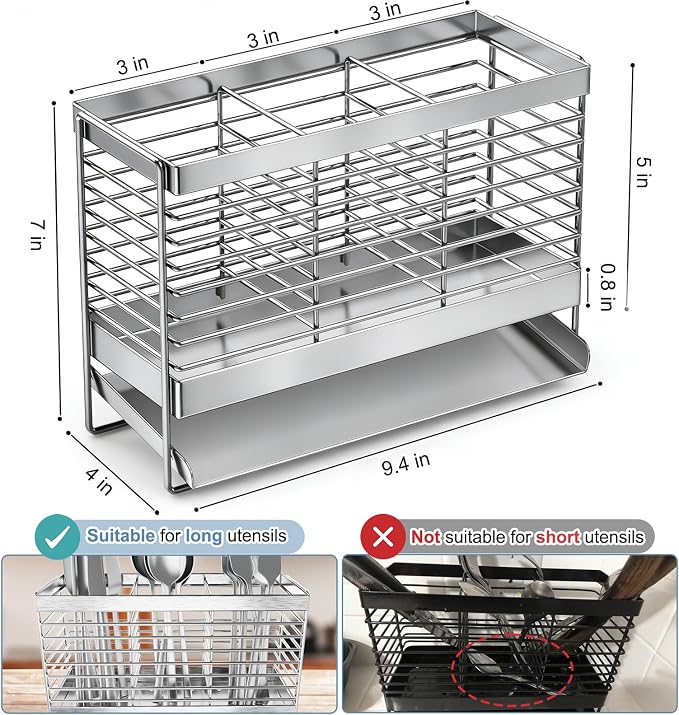 Utensil Holder, Upgrade Stainless Steel Utensil Drying Rack with Automatic Drain Tray for Kitchen Counter, Silverware Cutlery Organizer for Spoons, Forks, Knifes, Chopsticks (Silver)
