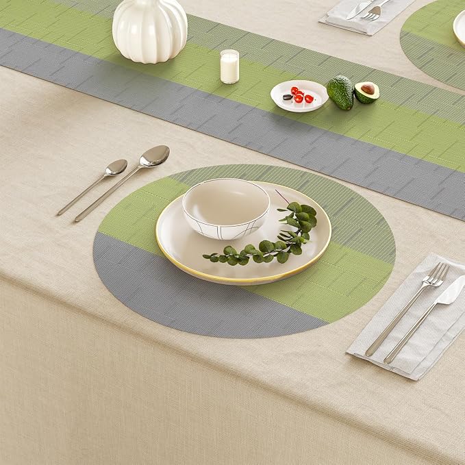 Round Placemats Set of 4, 15 Inch Woven Vinyl Heat Resistant Place Mats, Washable Non Slip PVC Table Mats for Kitchen Dining Party Outdoor Table Decor (Gray Grass Green, 4)