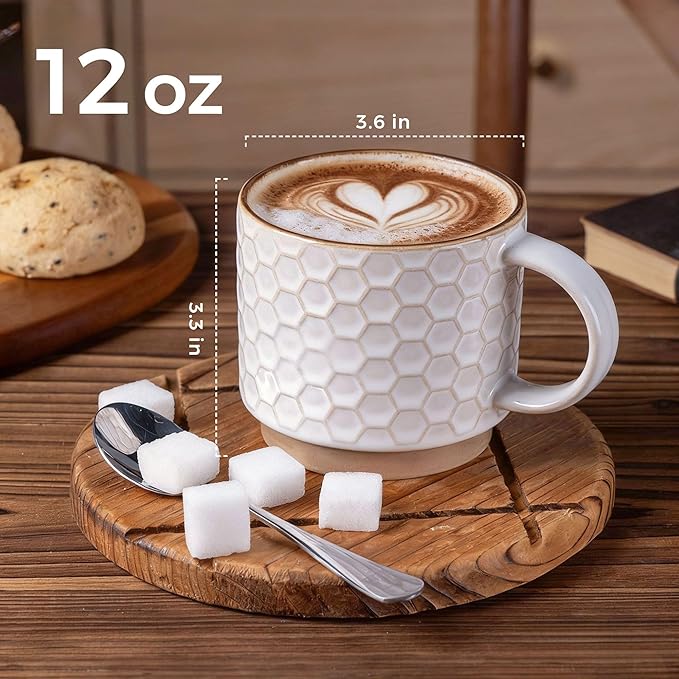 GBhome 12OZ Stackable Coffee Mugs Set of 6, Ceramic Coffee Mugs with Texture Patterns for Man,Woman,Dad,Mom, Modern Coffee Cups for Latte/Cappuccino/Cocoa. Dishwasher&Microwave Safe, Off White