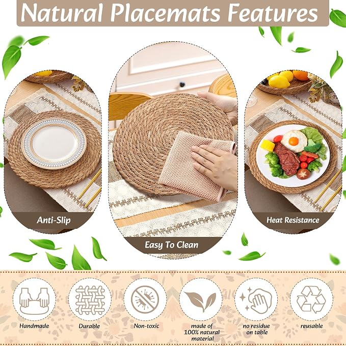 Boho Placemats 4/6/8 Set of Round Woven Placemat Macrame Style Bicolor Stitching Long Table Runner Farmhouse Rustic Natural Burlap Cotton for Kitchen Dining Table(6 Sets,Khaki A,12x72)