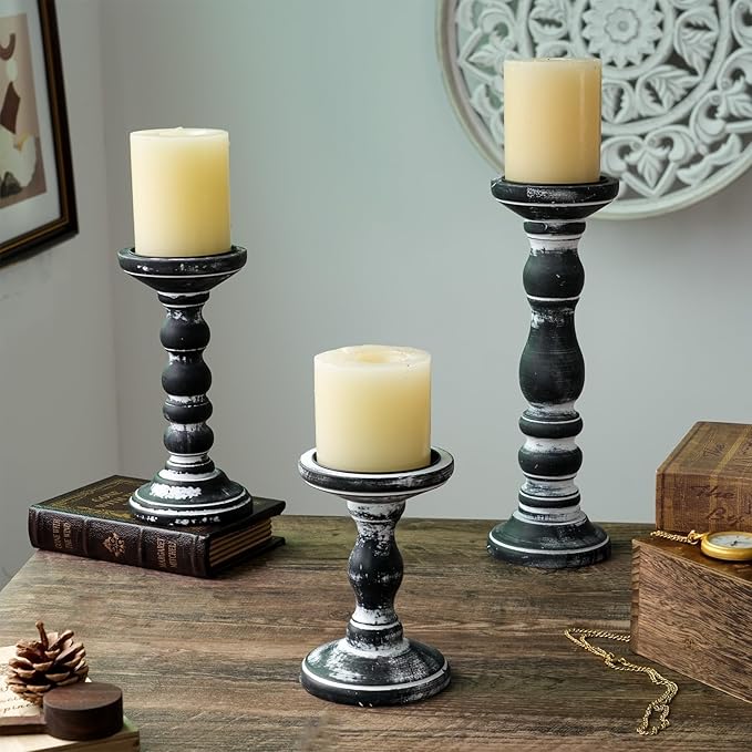 Wooden Pillar Candle Holder: Rustic Black Candle Stand Wood Distressed Candleholders Farmhouse Fall Decor for Christmas Fireplace Mantle Dining Table Living Room Shelf Set of 3