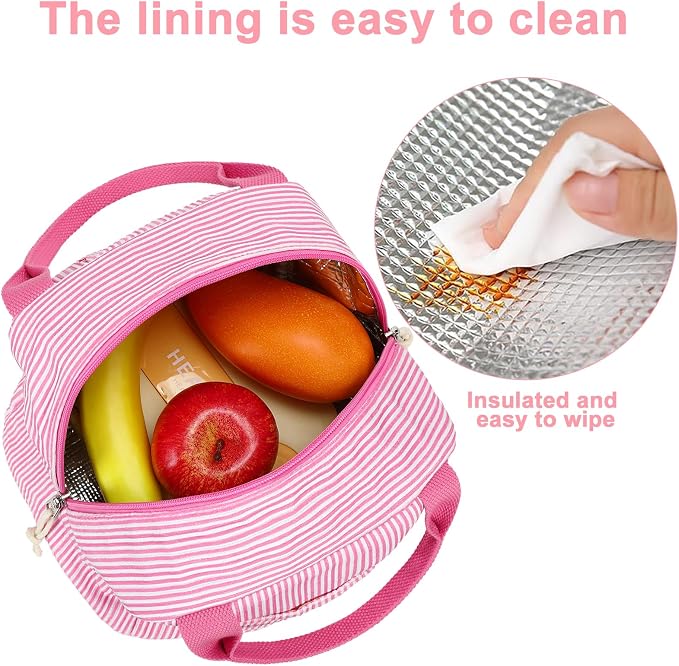 LEDAOU Lunch Box for Women Insulated Lunch Bag Corduroy Lunch Tote Bags Leakproof Cooler Lunch Case for Travel Work Picnic (K-Stripes-Pink)