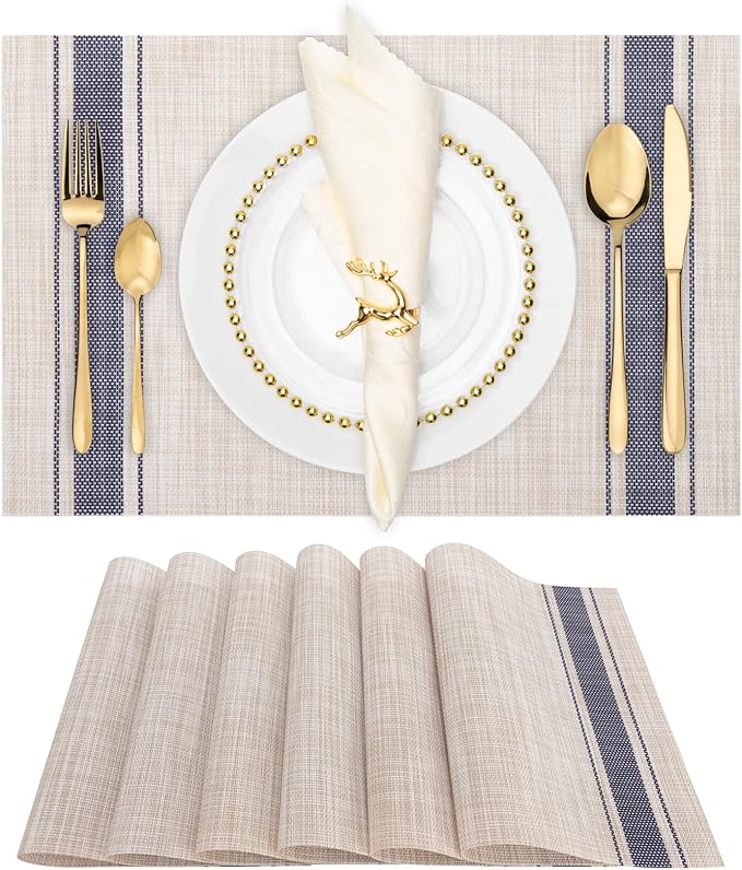 Winknowl Placemats Set of 6, Heat Resistant Non-Slip Vinyl Woven Table Mats for Dining Table, Washable Durable Elegant Place Mats for Kitchen Indoor/Outdoor Use (Beige Blue)