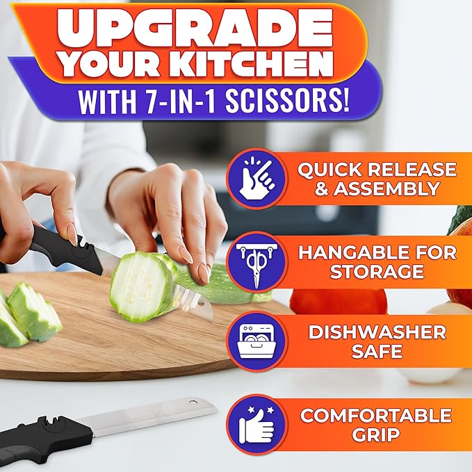 Cutting Board Scissors for Food – 7-in-1 Kitchen Food Scissors with Ribbed & Flat Blades for Easy Meat, Fruits & Veggies Cutting and Decorative Slicing – Easy To Clean Kitchen Shears with Safety Lock